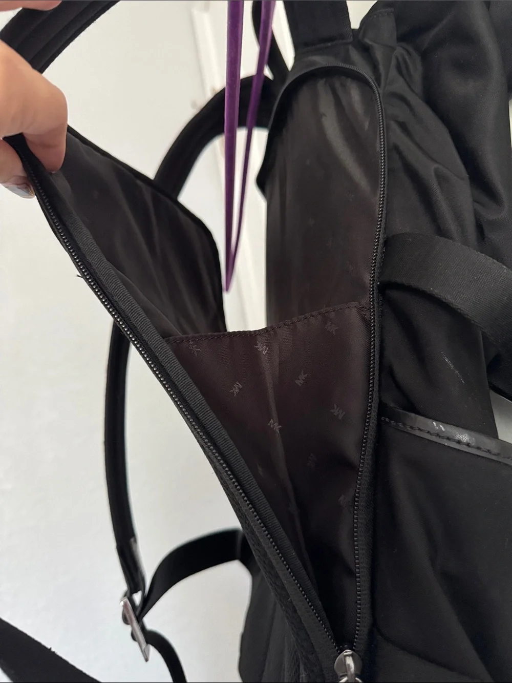 Michael Kors Black Roll-Top Nylon Backpack with Leather Trim